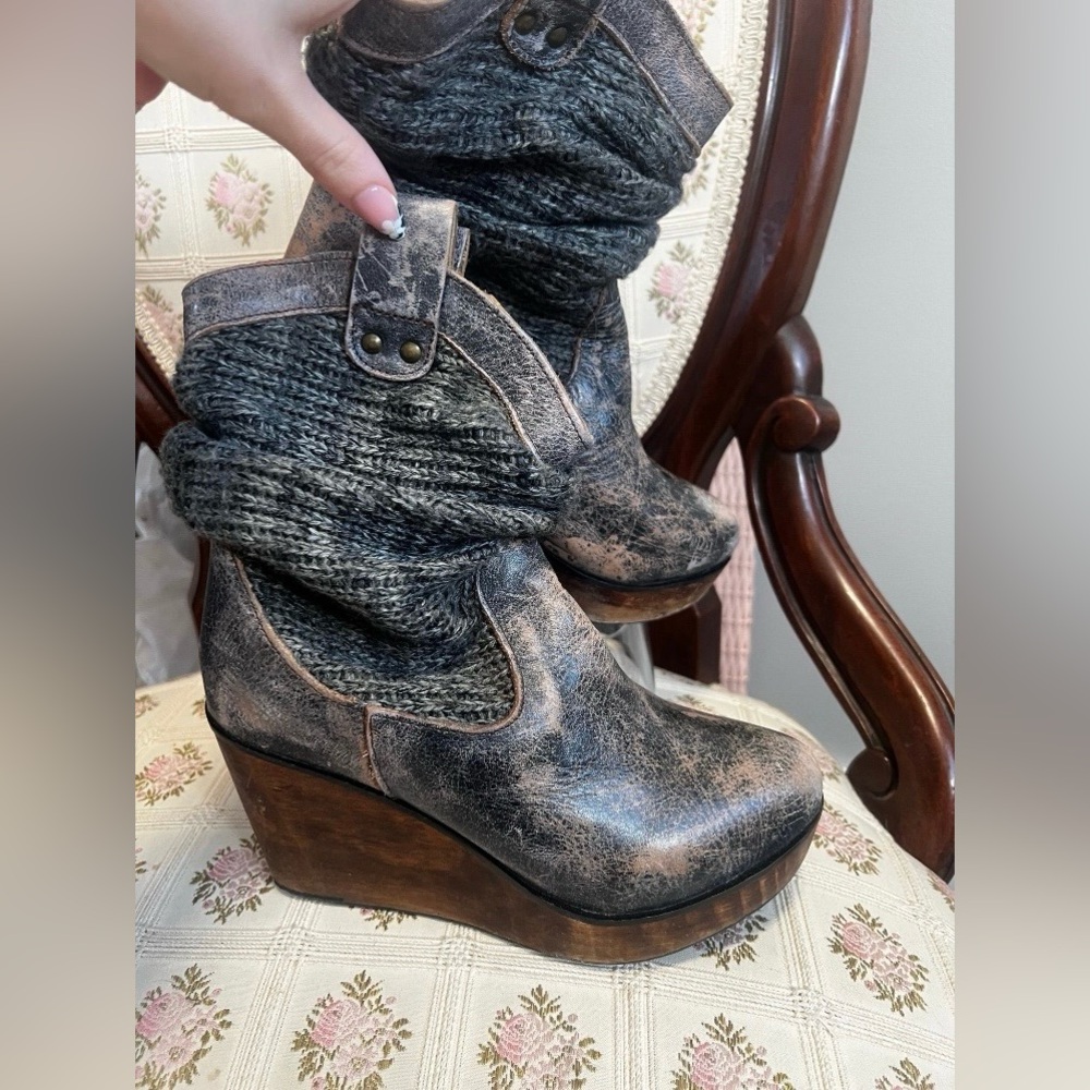 Bed Stu Bruges Knit Slouchy Leather Platform Wedge Distressed Boots